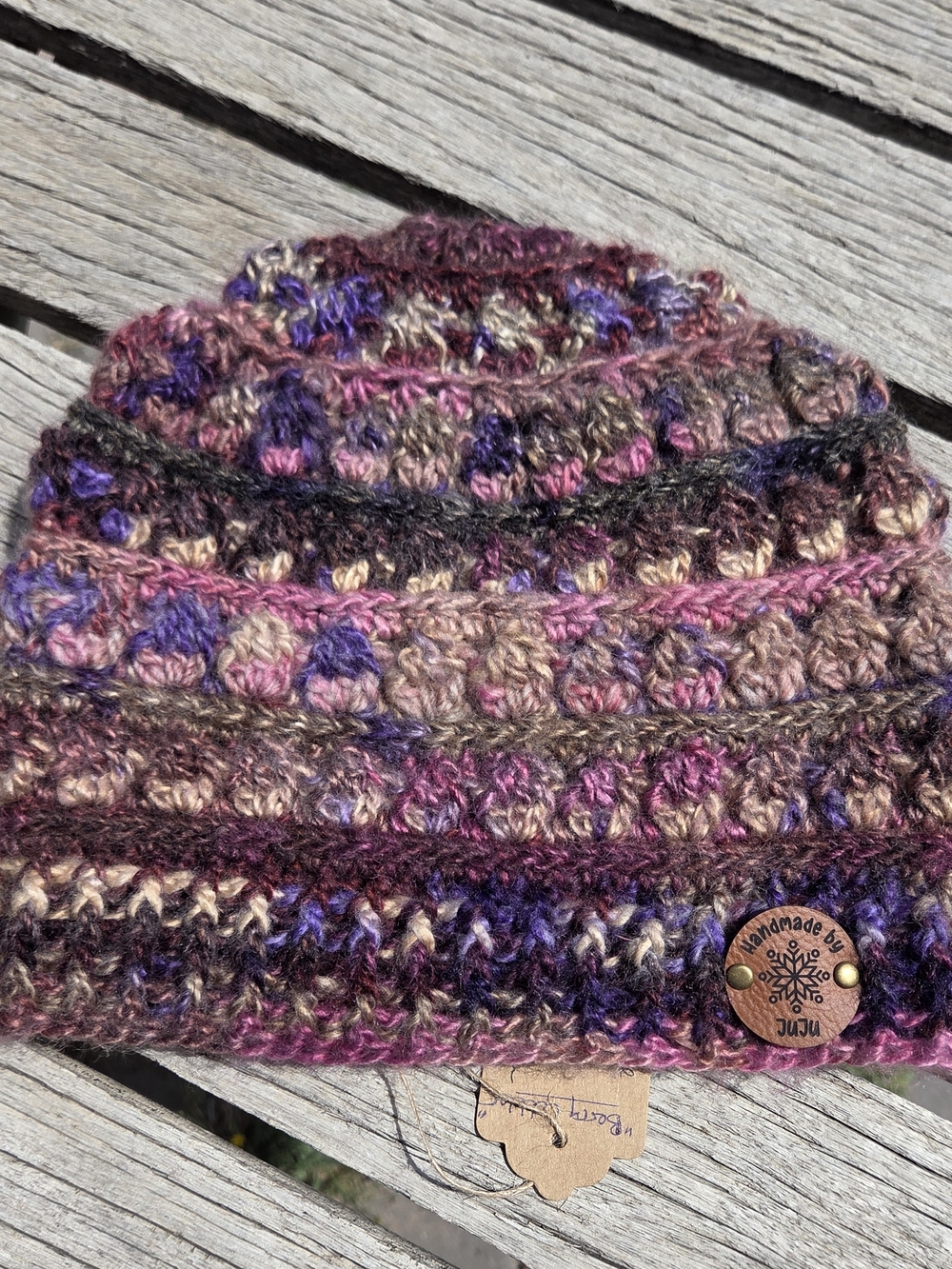 Artisan Handmade Warm Wool Blend "Berry Cobbler" Slouchy Crochet Boho Beanie Hat - Picture 5 of 7